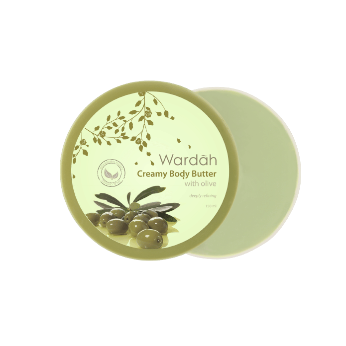 Kemasan Wardah Creamy Body Butter dengan ekstrak zaitun berwarna hijau muda, menampilkan gambar buah zaitun di bagian tutupnya.