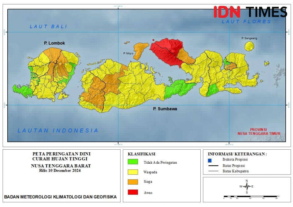 Peta peringatan dini curah hujan tinggi di wilayah NTB 10 hari ke depan. (dok. BMKG)