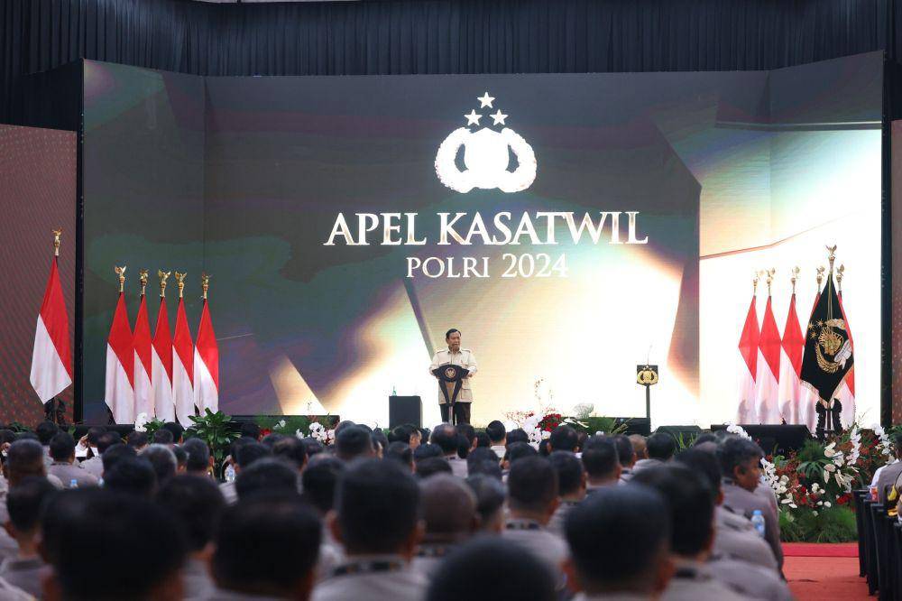 Presiden RI, Prabowo Subianto di acara apel Kasatwil Polri di Akademi Kepolisian, Semarang, Jawa Tengah. (dok. Tim Komunikasi Prabowo)
