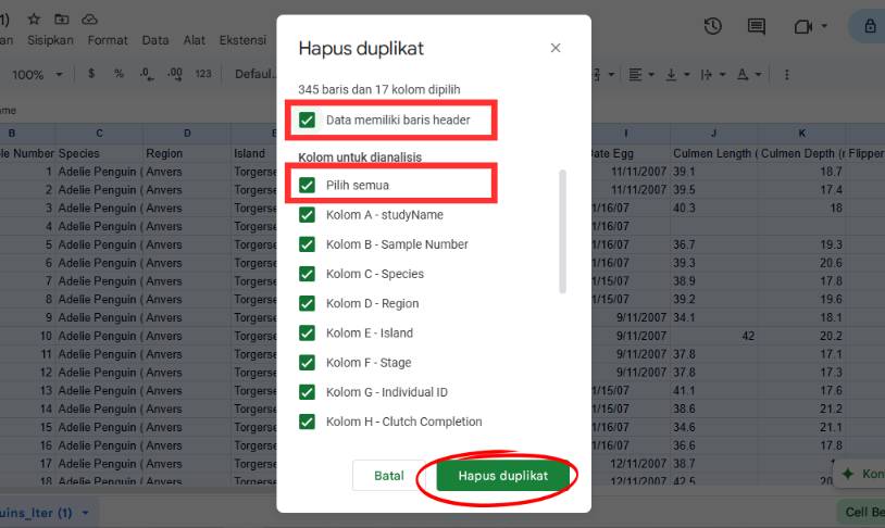 cara membersihkan data duplikat di Google Spreadsheet (dok. pribadi/Diyah Esti Cahyo Pertiwi)