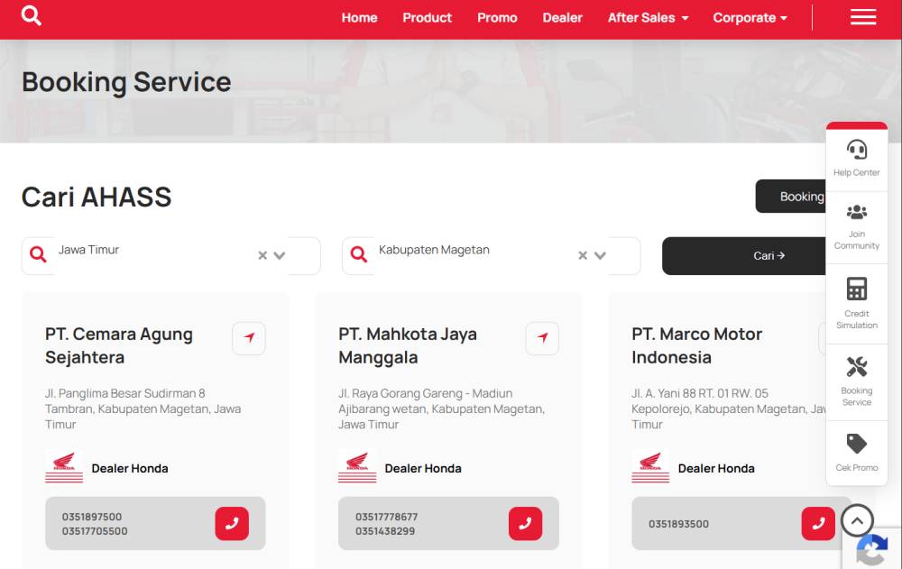 tampilan daftar dealer untuk servis motor Honda (dok. Astra Honda)