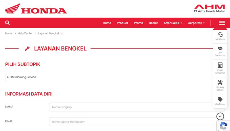 tampilan halaman formulir layanan bengkel Honda (dok. Astra Honda)