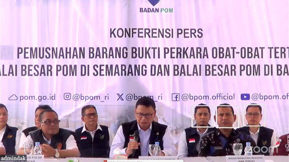 Konferensi Pers Pemusnahan Barang Bukti Perkara Obat-Obat Tertentu BBPOM di Semarang dan Bandung. Sumber Foto: Youtube Humas BPOM.