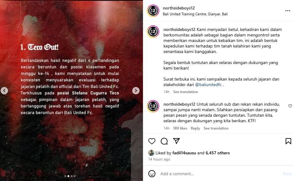 Surat terbuka yang dibuat oleh komunitas suporter Northsideboys. (Instagram.com/northsideboys12)