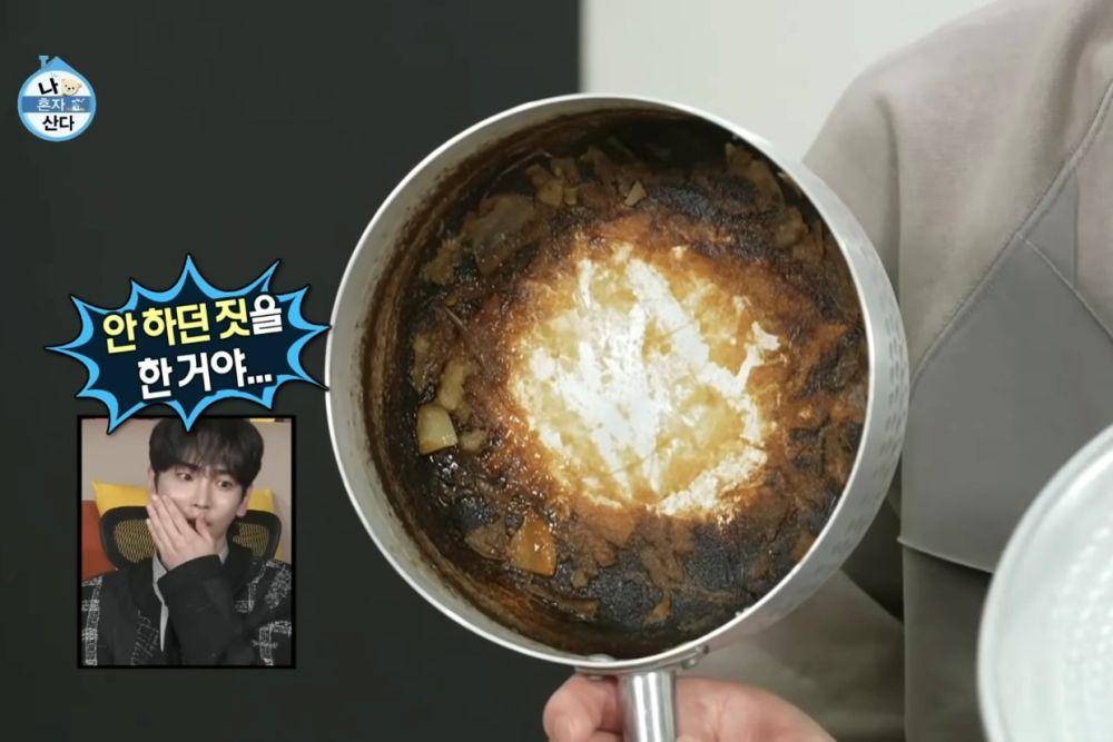 Kondisi terakhir panci yang Key gunakan untuk merebus kentang. (dok. VIU/I Live Alone)