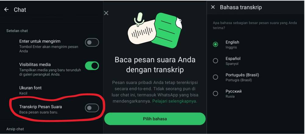 cara mengaktifkan fitur transkrip pesan suara (voice note) pada aplikasi WhatsApp (dok. pribadi/Reyvan Maulid)