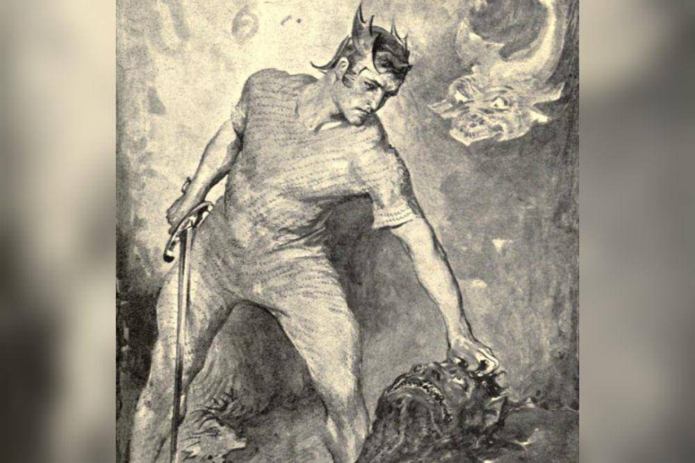 ilustrasi Beowulf memenggal kepala Grendel (commons.wikimedia.org/John Henry Frederick Bacon)