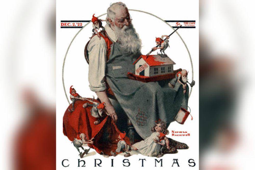 Santa with Elves karya Norman Rockwell muncul di sampul The Saturday Evening Post yang diterbitkan pada 2 Desember 1922 (commons.wikimedia.org/Norman Rockwell)