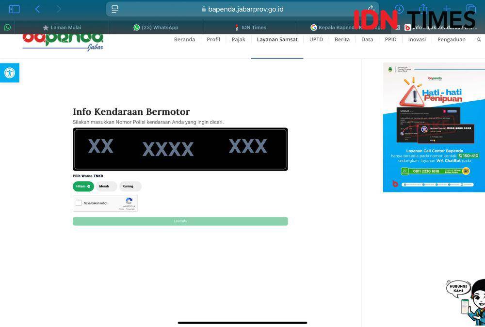Tangkapan layar halaman cek pajak kendaraan bermotor di web Banpenda Jabar. (Linna Susanti/IDN Times).