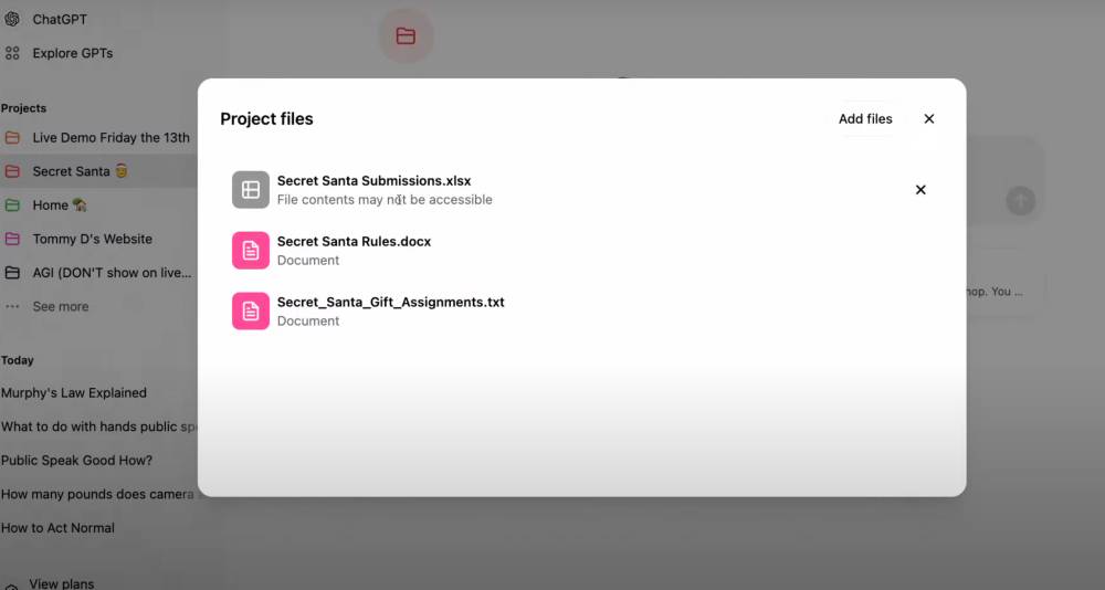 menambahkan file untuk Projects di ChatGPT. (dok. OpenAI)
