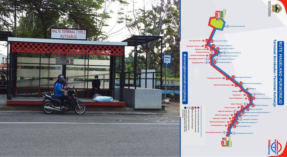 kolase potret Halte Terminal Kutoarjo dan Informasi Rute Trans Jateng Magelang-Puworejo (commons.wikimedia.org/SATELITBM | instagram.com/brttransjateng)