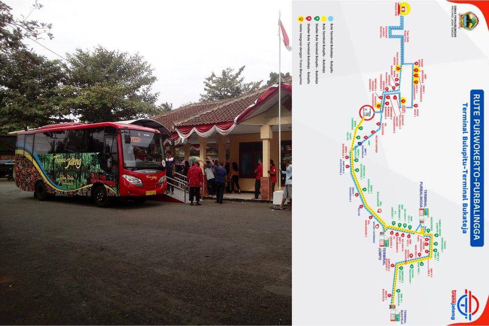 kolase potret Terminal Bukateja, Purbalingga dan informasi Rute Trans Jateng Purwokerto-Purbalingga (commons.wikimedia.org/Tyo_Satriany | instagram.com/brttransjateng)