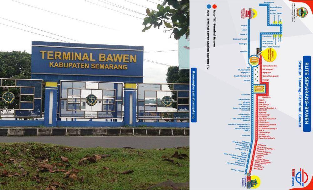 kolase potret Terminal Bawen dan informasi Rute Trans Jateng Semarang-Bawen (instagram.com/terminal.tipea.bawen | instagram.com/brttransjateng)
