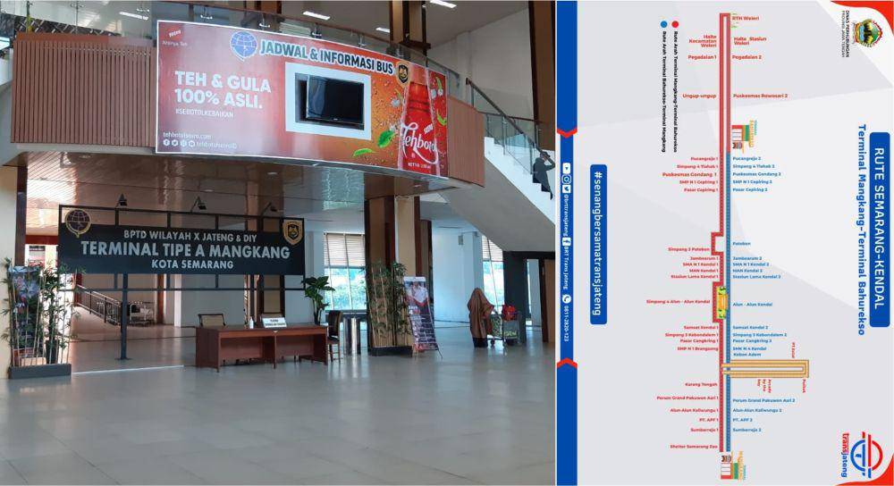 kolase potret Terminal Mangkang dan informasi Rute Trans Jateng Semarang-Kendal (pariwisata.semarangkota.go.id | instagram.com/brttransjateng)
