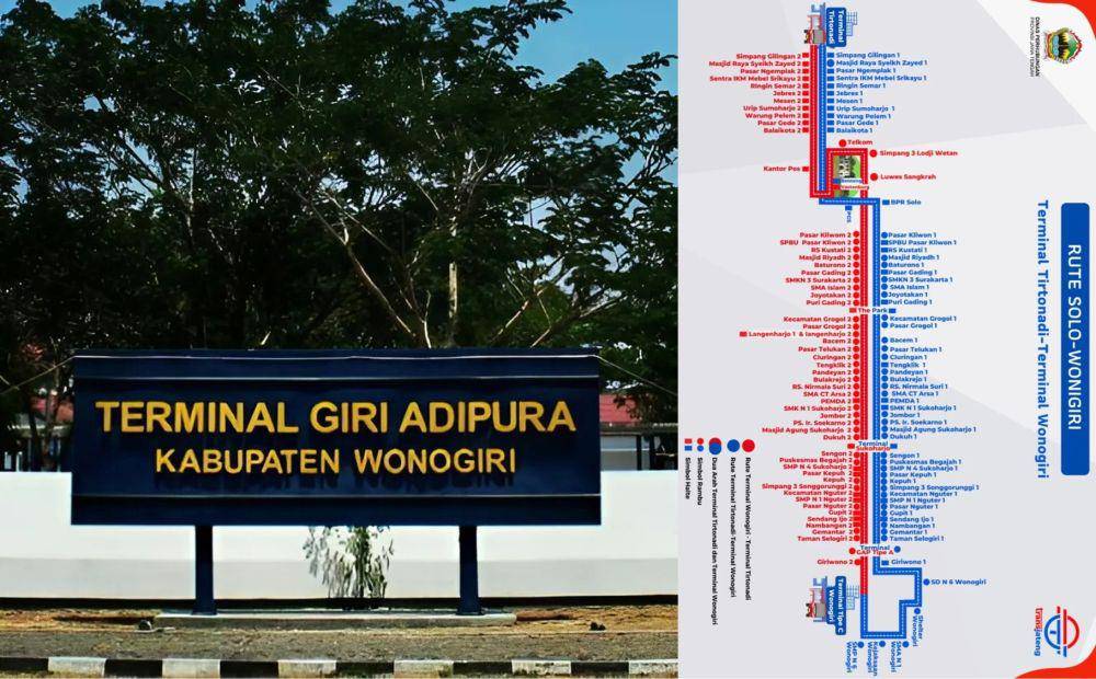 kolase potret Terminal Giri Adipura, Wonogiri dan informasi Rute Trans Jateng Solo-Wonogiri (hubdat.dephub.go.id | instagram.com/brttransjateng)