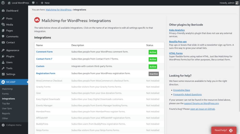 tampilan plugin MC4WP: Mailchimp for WordPress (wordpress.org/ibericode)