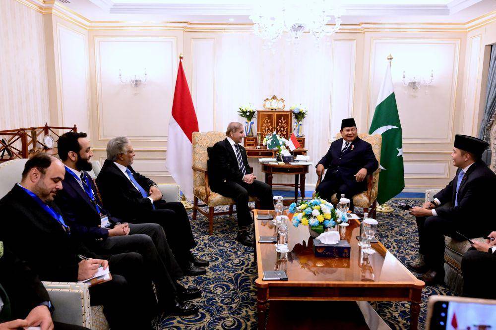 Presiden Prabowo Subianto melakukan pertemuan bilateral dengan Perdana Menteri (PM), Pakistan Shehbaz Sharif, di Hotel St Regis New Capital, Kairo, Mesir (dok. Sekretariat Presiden)