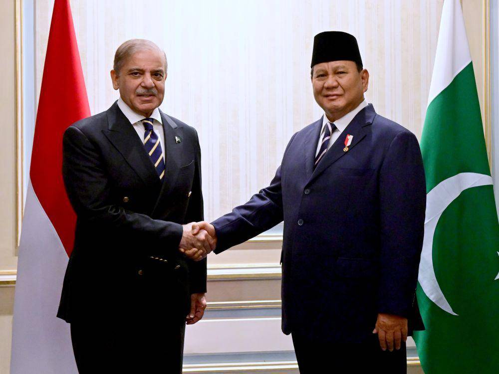 Presiden Prabowo Subianto melakukan pertemuan bilateral dengan Perdana Menteri (PM), Pakistan Shehbaz Sharif, di Hotel St Regis New Capital, Kairo, Mesir (dok. Sekretariat Presiden)