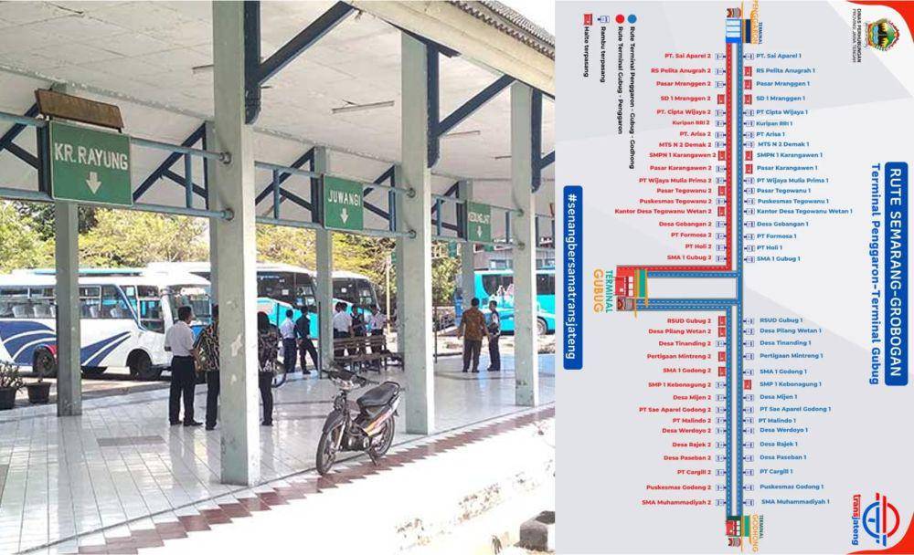 kolase potret Terminal Penggaron dan informasi Rute Trans Jateng Semarang-Grobogan (perhubungan.jatengprov.go.id | instagram.com/brttransjateng)