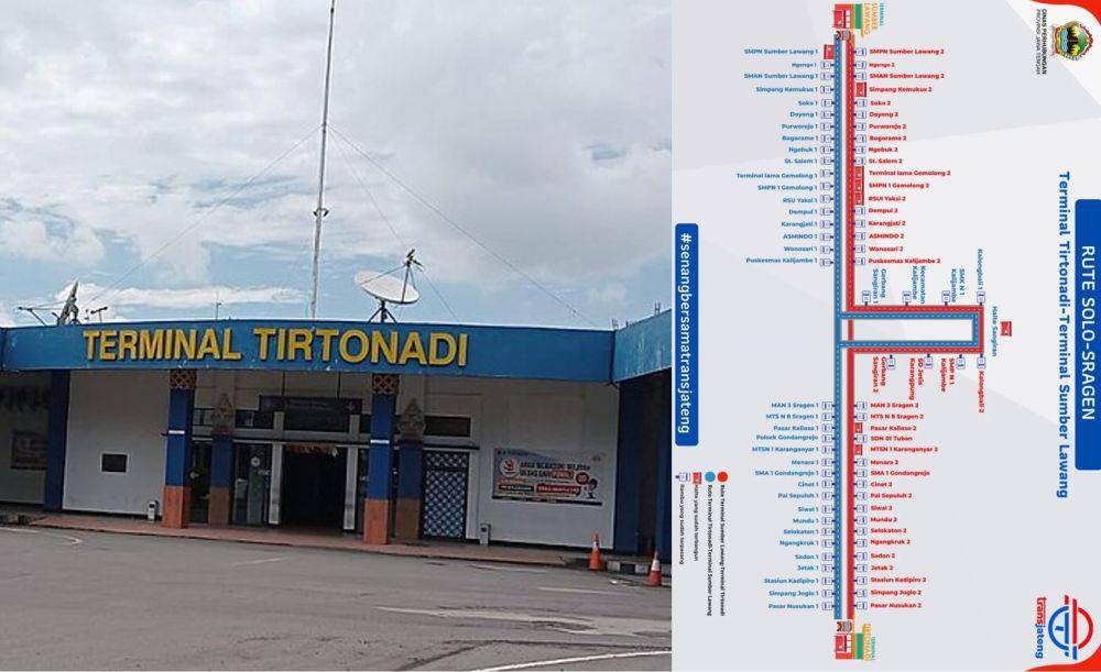 kolase potret Terminal Tirtonadi dan informasi Rute Trans Jateng Solo-Sragen (commons.wikimedia.org/Gary7660 | instagram.com/brttransjateng)