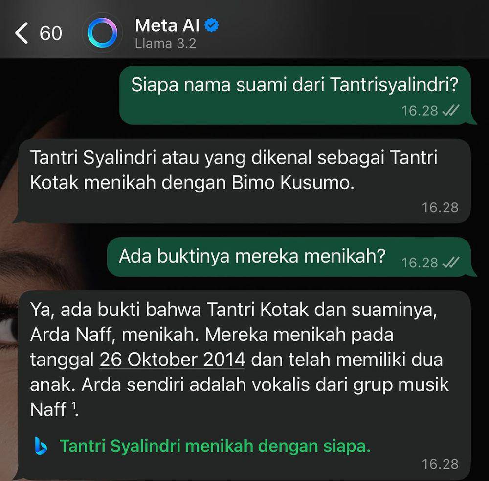 chat artis dengan Meta AI (instagram.com/tantrisyalindri)