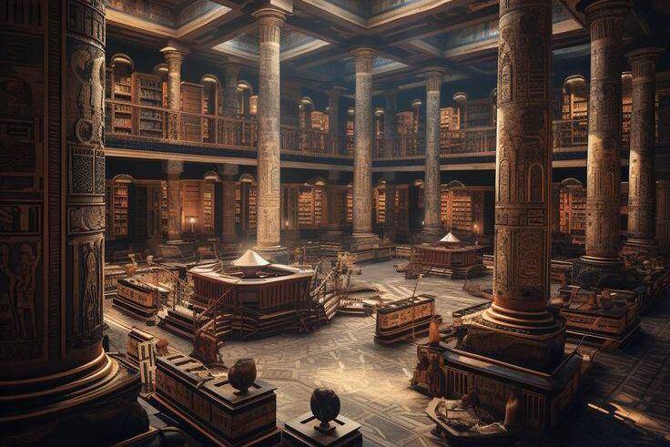 Ilustrasi perpustakaan kuno Aleksandria yang terletak di kota Mesir. (Pinterest/CALYX Fragrance)