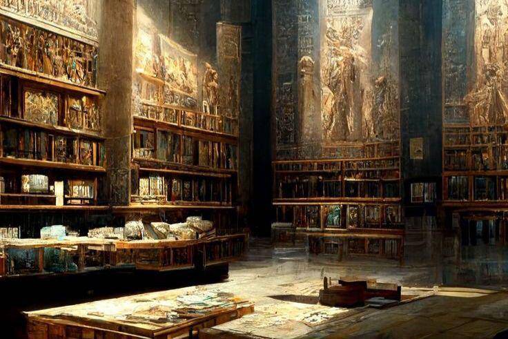 Ilustrasi perpustakaan kuno Aleksandria yang terletak di kota Mesir. (Pinterest/ArtStation)