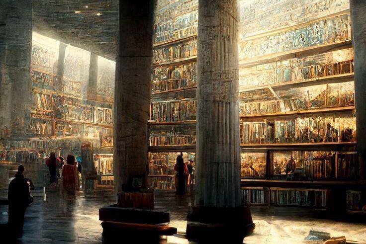 Ilustrasi perpustakaan kuno Aleksandria yang terletak di kota Mesir. (Pinterest/ArtStation)