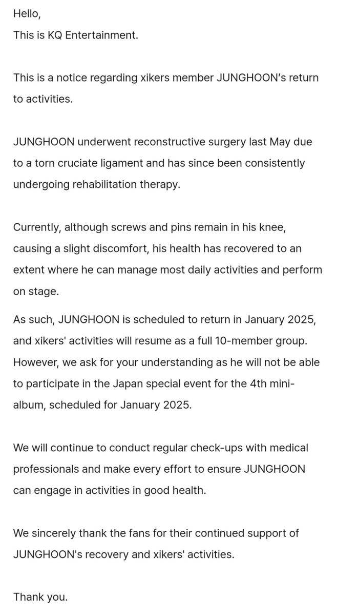 pengumuman Junghoon akhiri masa hiatus (xikers.kr)