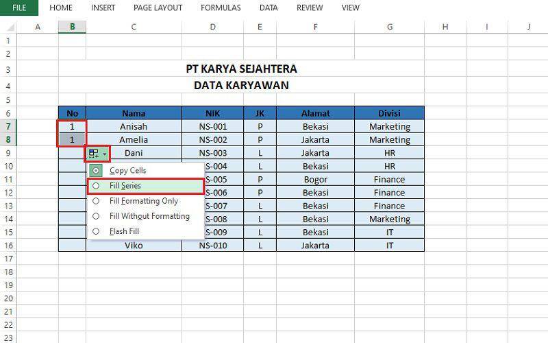 cara membuat nomor urut otomatis di excel (dok. pribadi/Jubaedah Haryani)
