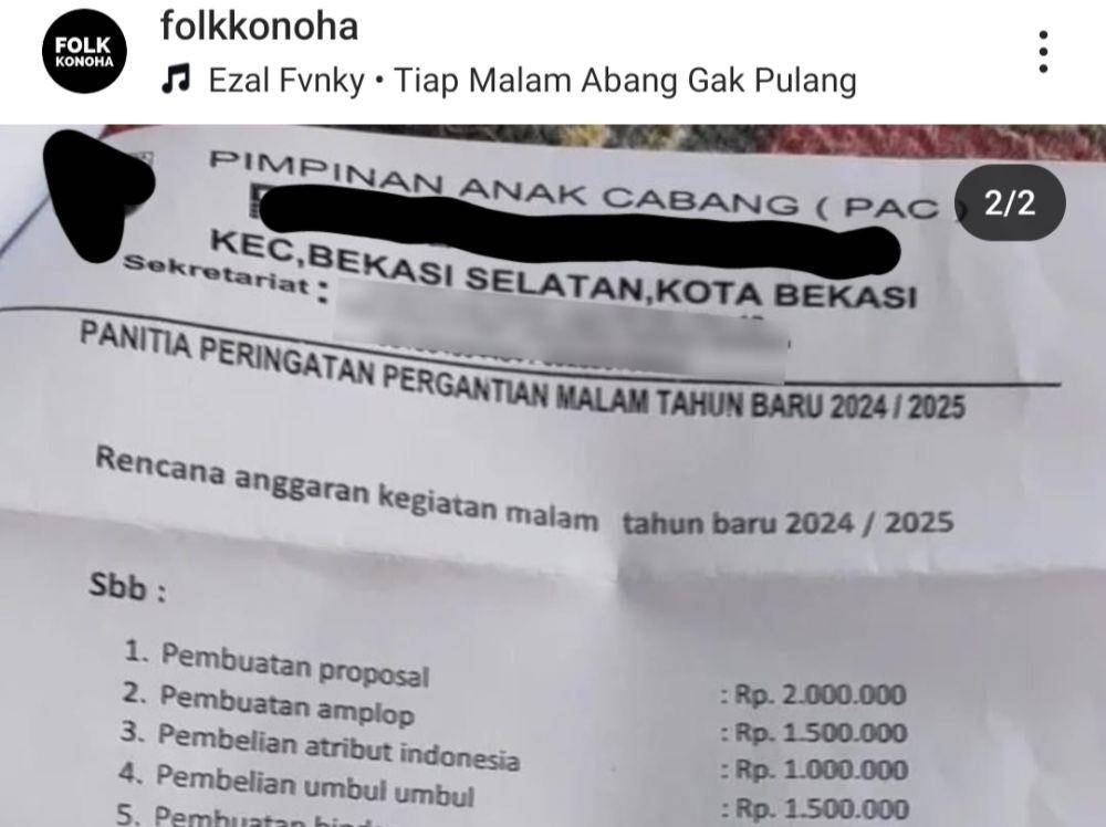 Rencana anggaran Ormas di Bekasi rayakan tahun baru viral di Medsos. (Istimewa)