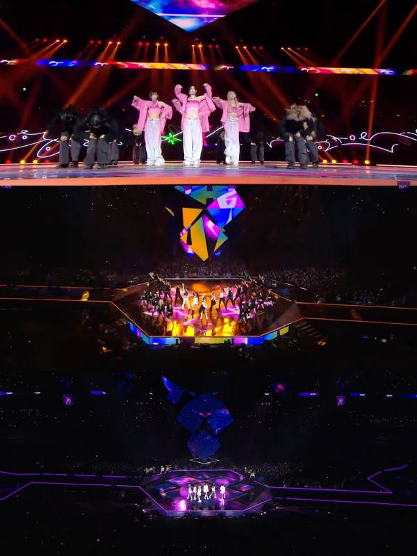 perbandingan penampilan aespa (atas), LE SSERAFIM (tengah), dan IVE (bawah) di SBS Gayo Daejeon 2024 (youtube.com/KOCOWA TV)