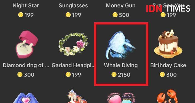 tangkapan layar nilai koin gift paus menyelam di TikTok (IDN Times/Uswatun Khasanah)