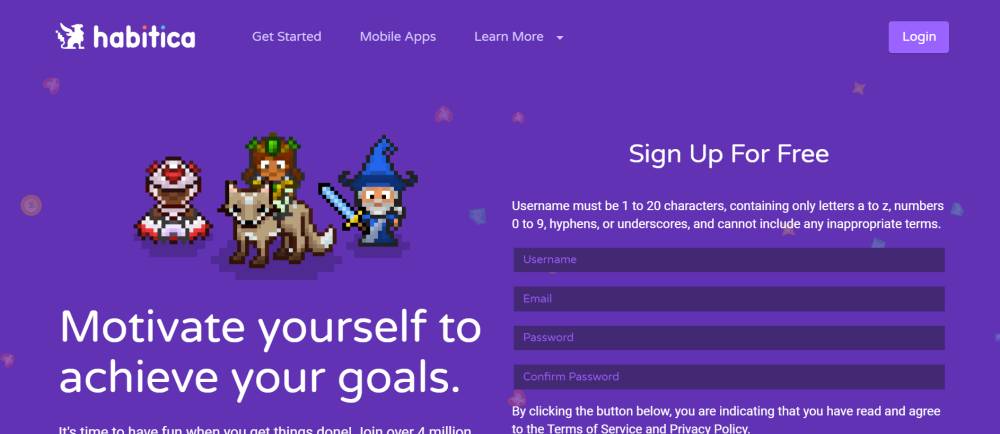 tampilan habitica.com (habitica.com/home)
