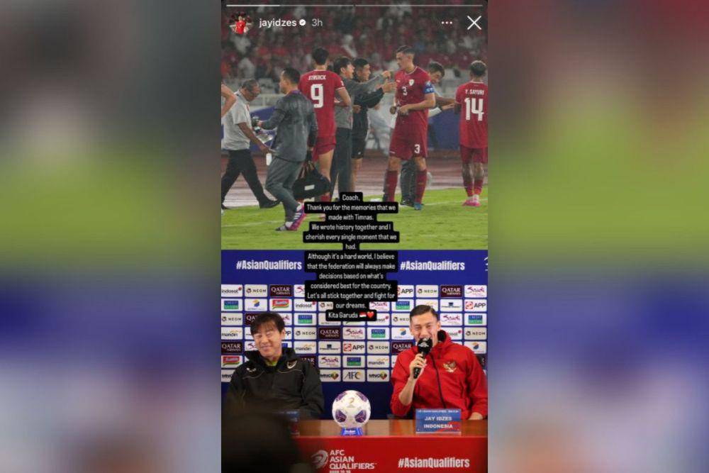 Unggahan Jay Idzes setelah Shin Tae Yong dipecat oleh PSSI (Instagram.com/jayidzes)