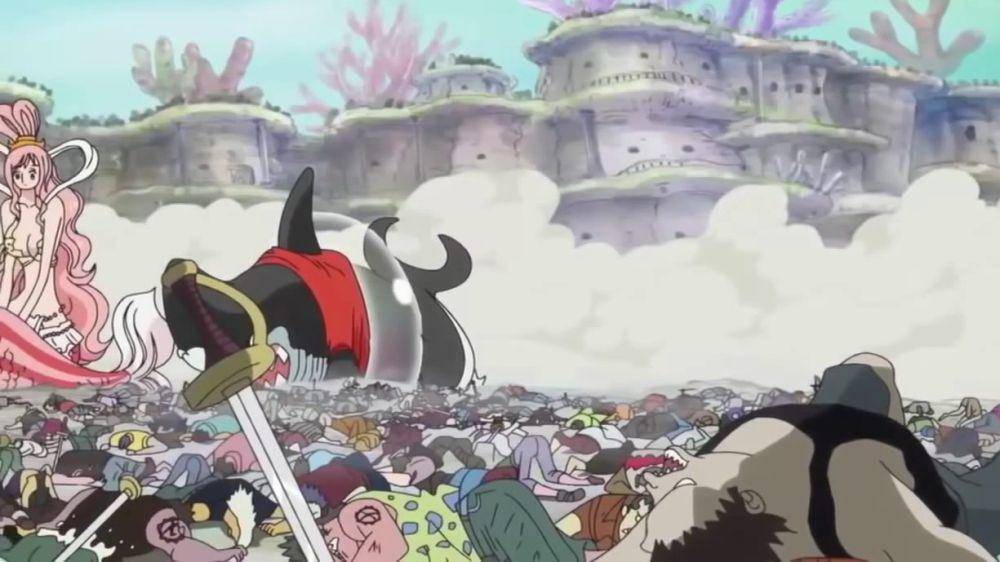 Luffy menumbangkan 50 ribu Manusia Ikan dengan Haoshoku Haki. (dok. Toei Animation/One Piece)