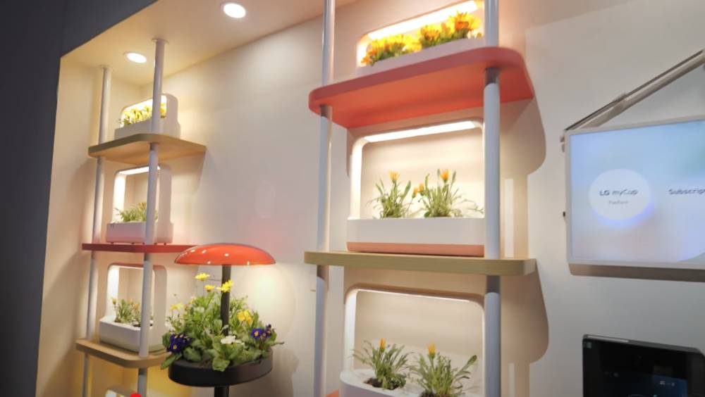 suasana zona Rise and Shine di pagi hari dengan LG AI Home dikelilingi tanaman (youtube.com/JerryRigEverything)