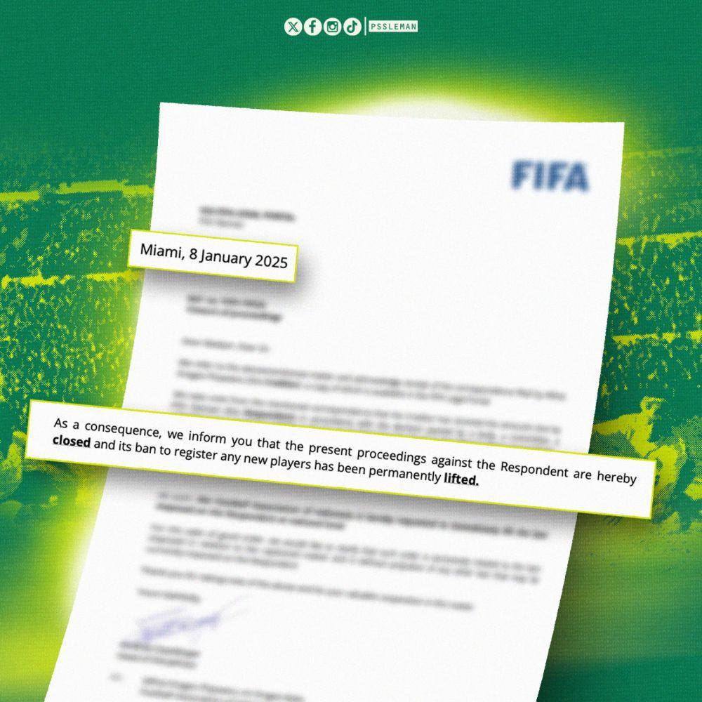 Surat dari FIFA tentang pencabutan ban klub PSS  (pssleman,id)