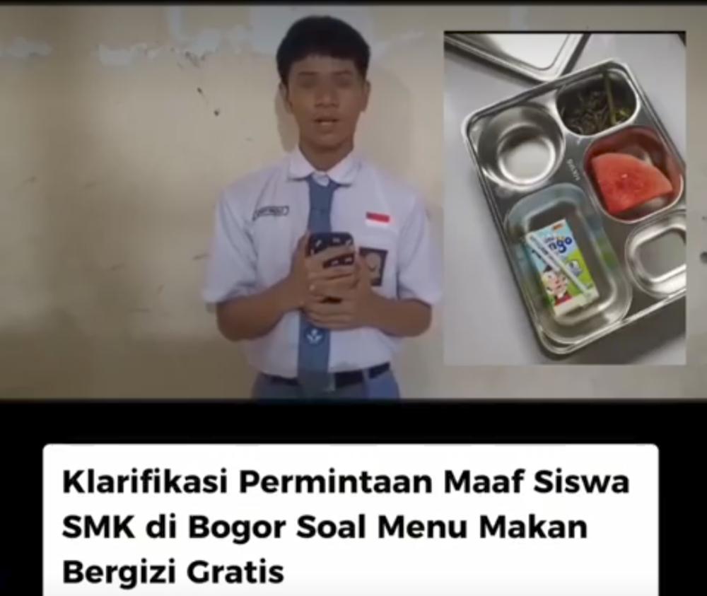 Video klarfikasi soal porsi makan bergizi gratis tidak lengkap diduga siswa SMKN 1 di Kota Bogor viral di media sosial. (akun X @AbdulRachimmks).