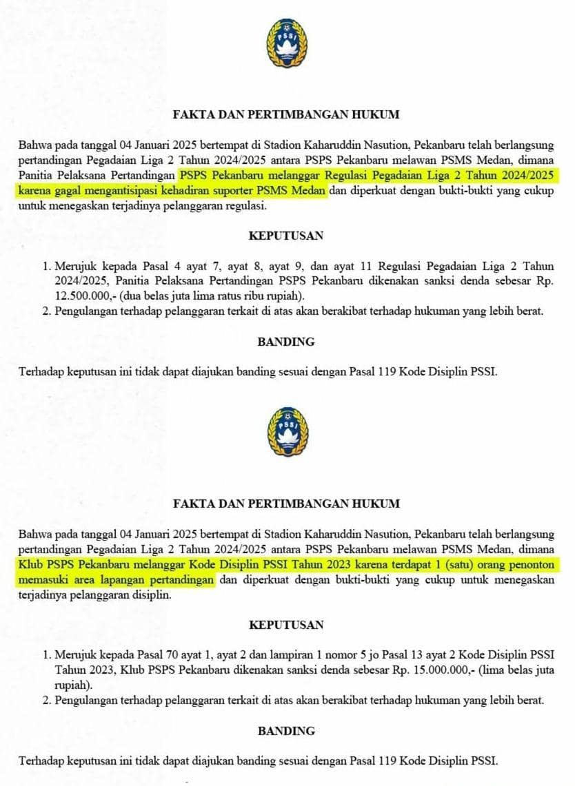 Ini is surat pelanggaran yang dilakukan PSPS dari PSSI (IDN Times/ IG pspsriau)