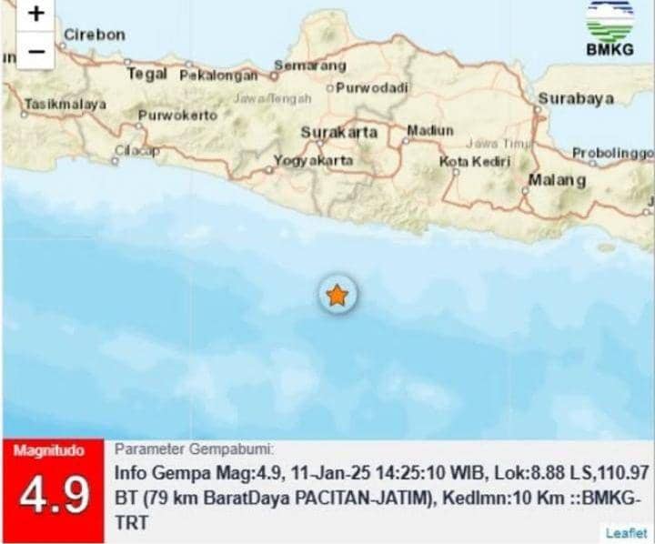 Gempa 4,9 Magnitudo Guncang Pacitan, Terasa Ringan di Magetan