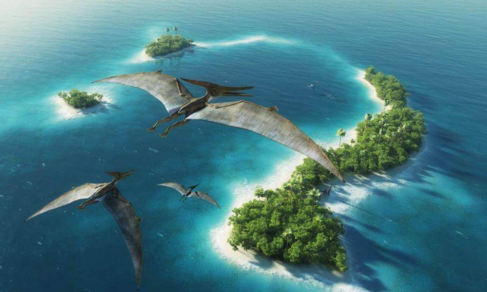 Pteranodon terbang di atas pulau. (https://a-z-animals.com/)
