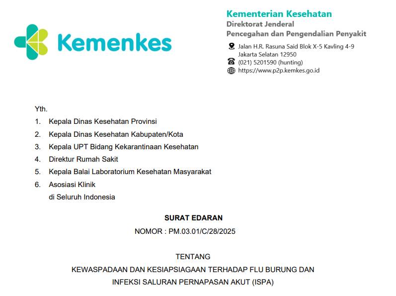 Surat Edaran tentang pencegahan meningkatnya flu burung. (Kemenkes)