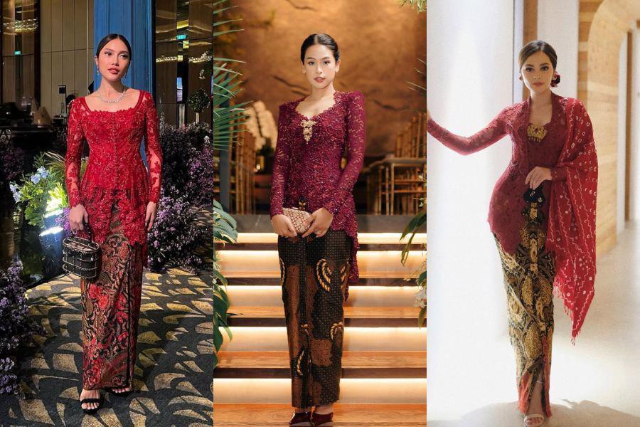 7 Kebaya Brokat Merah dengan Rok Batik untuk Kondangan, Menyala!