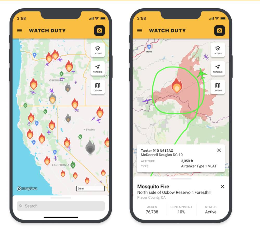 fitur peta kebakaran hutan dan peringatan secara langsung melalui aplikasi Watch Duty (watchduty.org)