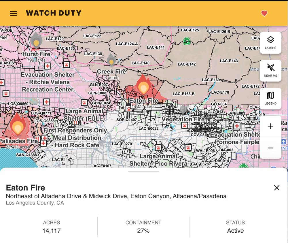 titik kebakaran di Eaton Fire, Eaton Canyon, Altadena/Pasadena, Los Angeles (app.watchduty.org)