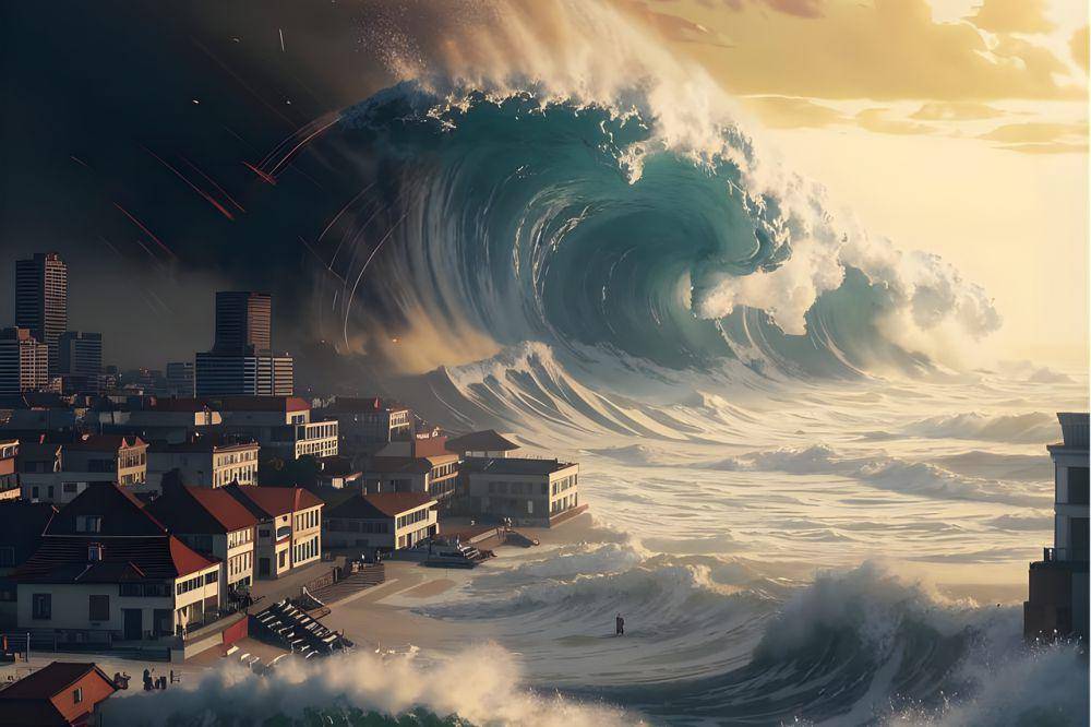 ilustrasi gelombang tsunami menghantam infrastruktur (pixabay.com/lazarosv)