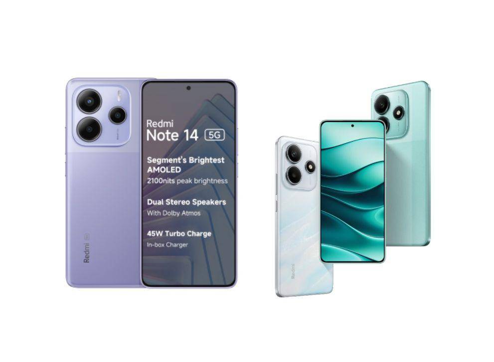 tampilan Xiaomi Redmi Note 14 5G untuk pasar India dan global (kiri) atau pasar China (kanan) (mi.com)