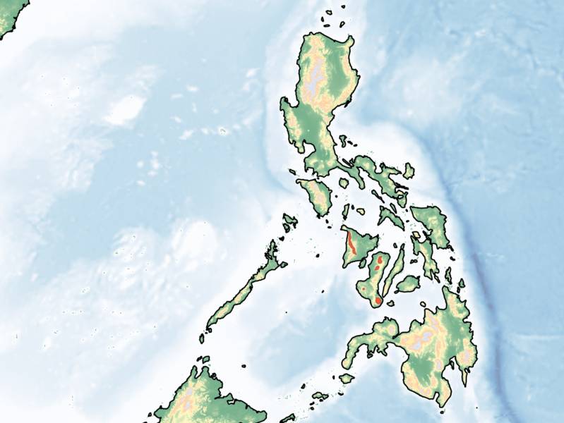ilustrasi peta persebaran rusa totol visayas yang ditandai dengan garis dan titik merah (commons.wikimedia.org/PhnomPencil)