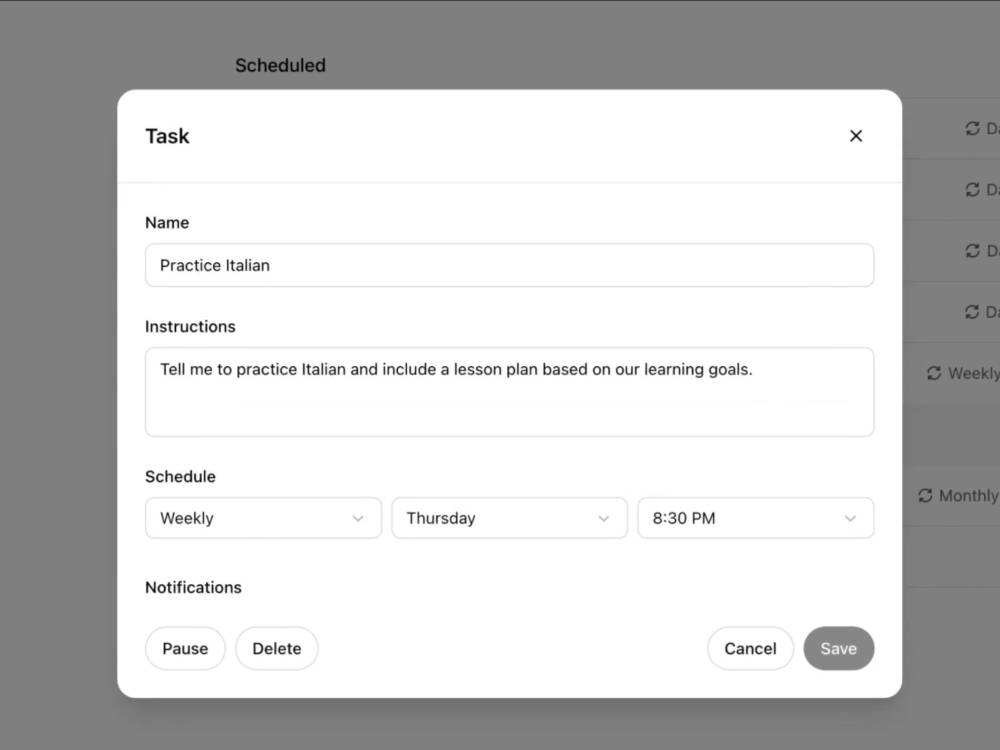 memanfaatkan fitur Tasks untuk latihan bahasa. (dok. OpenAI)